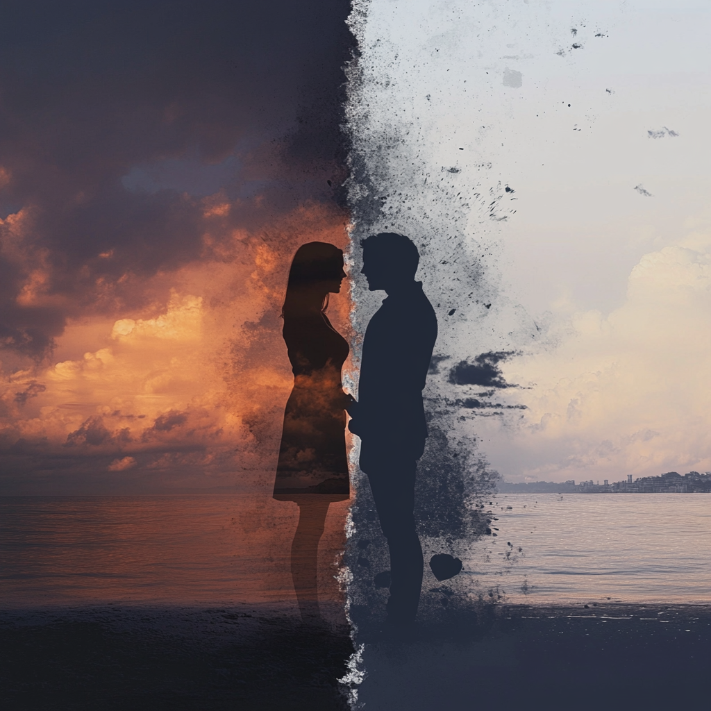 A split image illustrating the emotional journey in relationships. The left side depicts a couple arguing, signifying doubt, while the right side shows them embracing with smiles, representing trust. Emotional Intelligence in Relationships