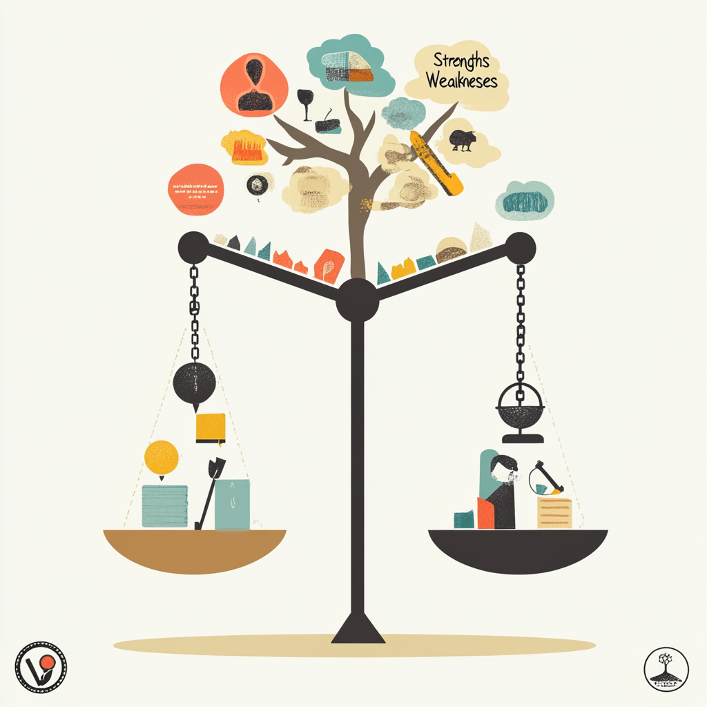 "Infographic showing a balance scale with strengths on one side (communication, empathy, creativity) and weaknesses on the other side (procrastination, self-doubt, fear of failure), symbolizing the interplay between personal attributes." "Understanding strengths and weaknesses"