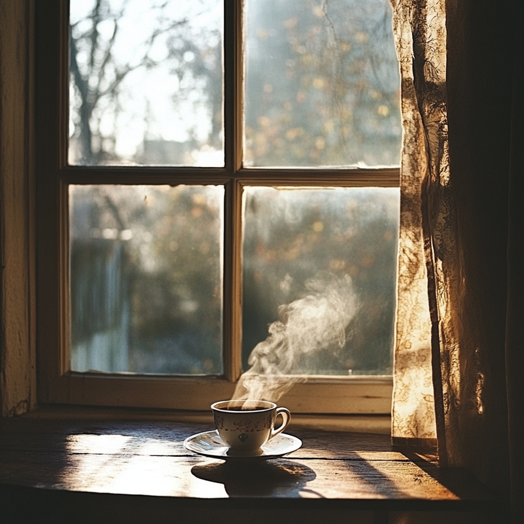 "A peaceful morning scene with a steaming cup of coffee beside an open window, symbolizing moments of prayer and reflection in a hectic world." "Lazy Person's Prayer"