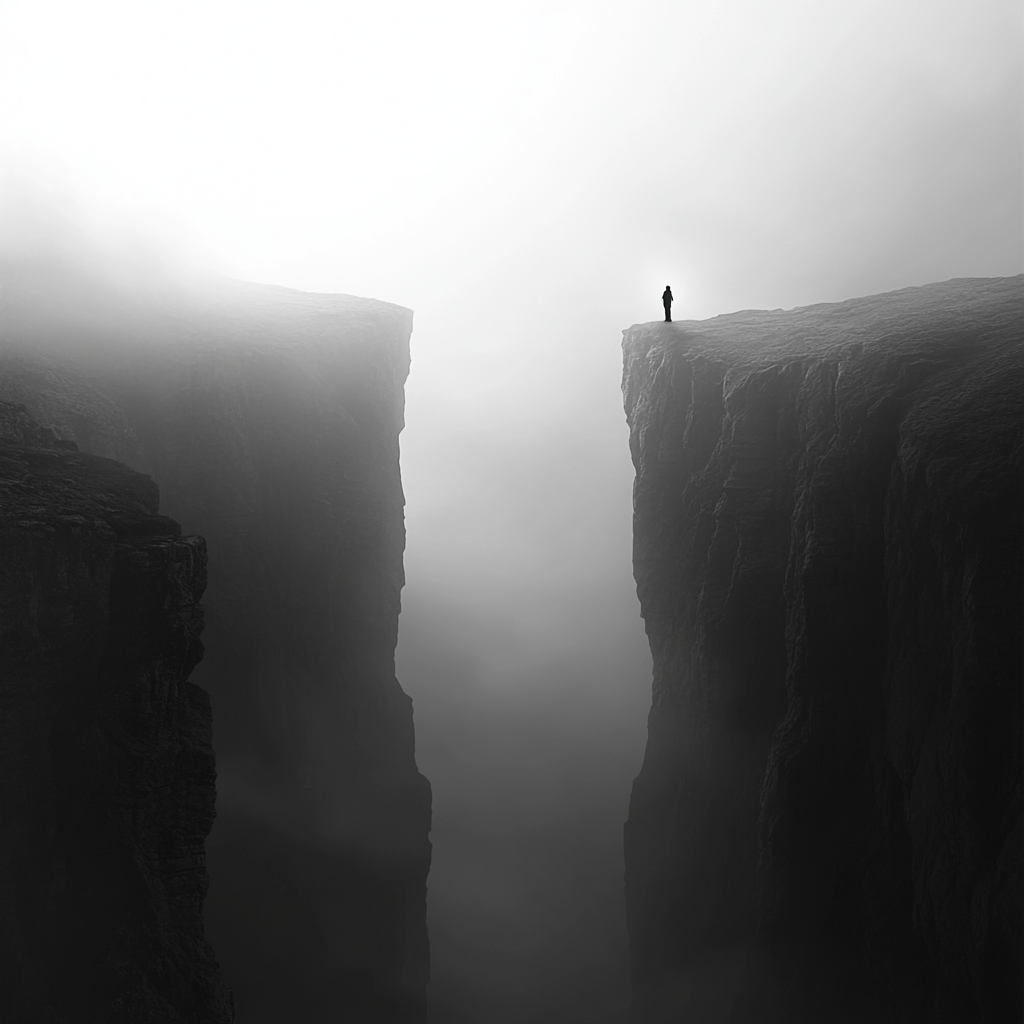 Person standing at the edge of a foggy chasm, symbolizing pre-confusion before a new project. Pre-confusion