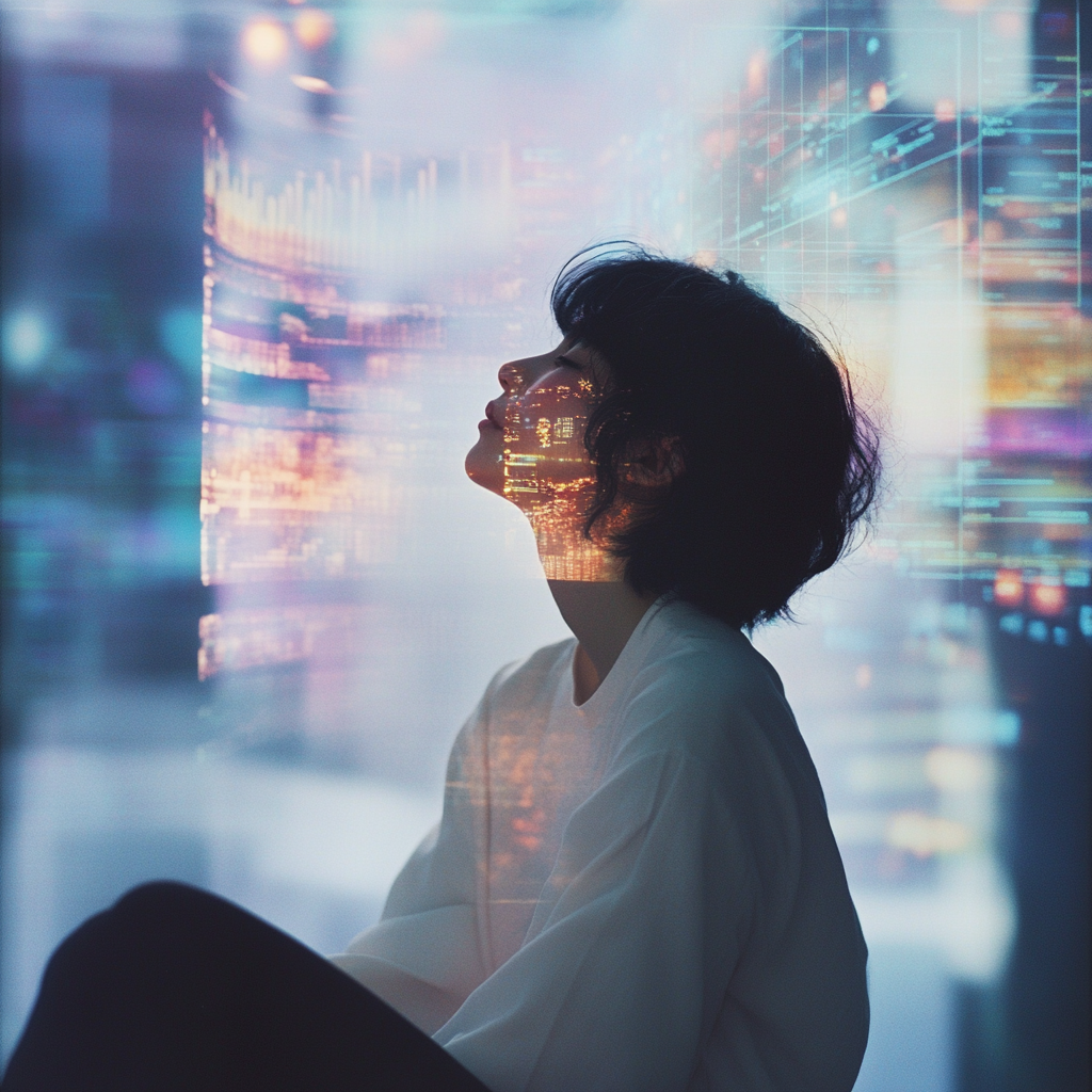 Person meditating with a vision of their prosperous financial future overlaid. Financial Visualization