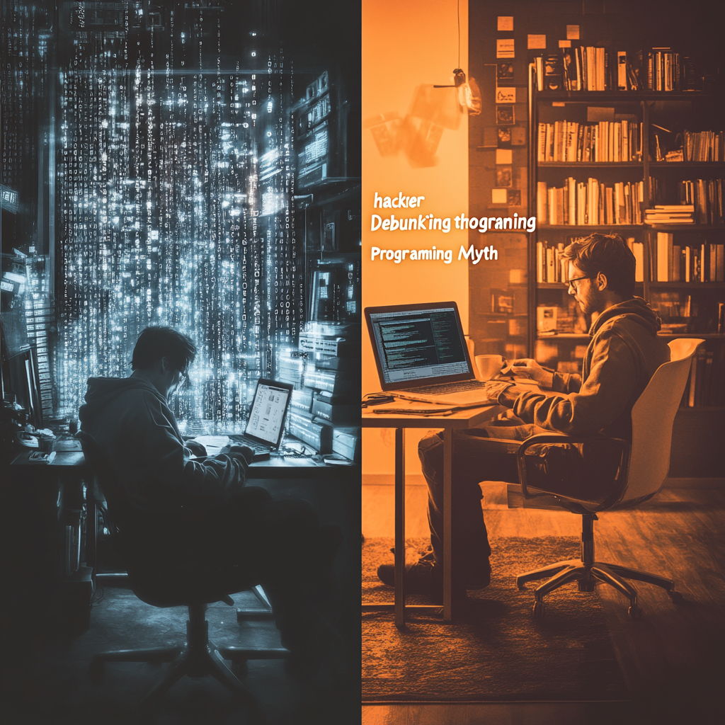 A split-screen image showing the contrast between the myth of complex, intimidating programming and the reality of focused, everyday coding. Programming myth Software development Truth about coding Real-life coding Coding misconceptions Developer lifestyle Tech reality Software myth-busting