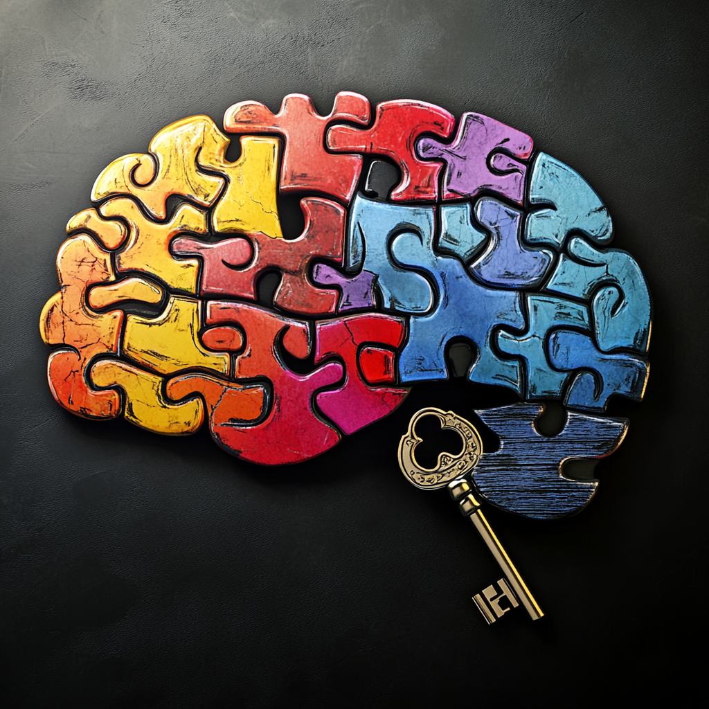Stylized brain made of puzzle pieces, some vibrant and connected, others faded or loose, with a key nearby. Symbolizes memory work. Memory work, brain, memory, encoding, storage, retrieval, unlock memory, cognitive function