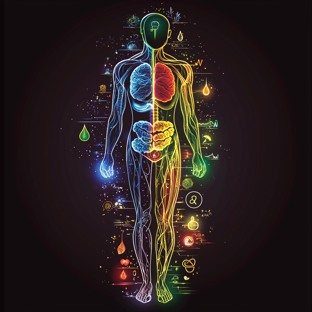 Glowing silhouette of a human body with internal light pathways and icons representing natural healing elements. Inner Healing Power