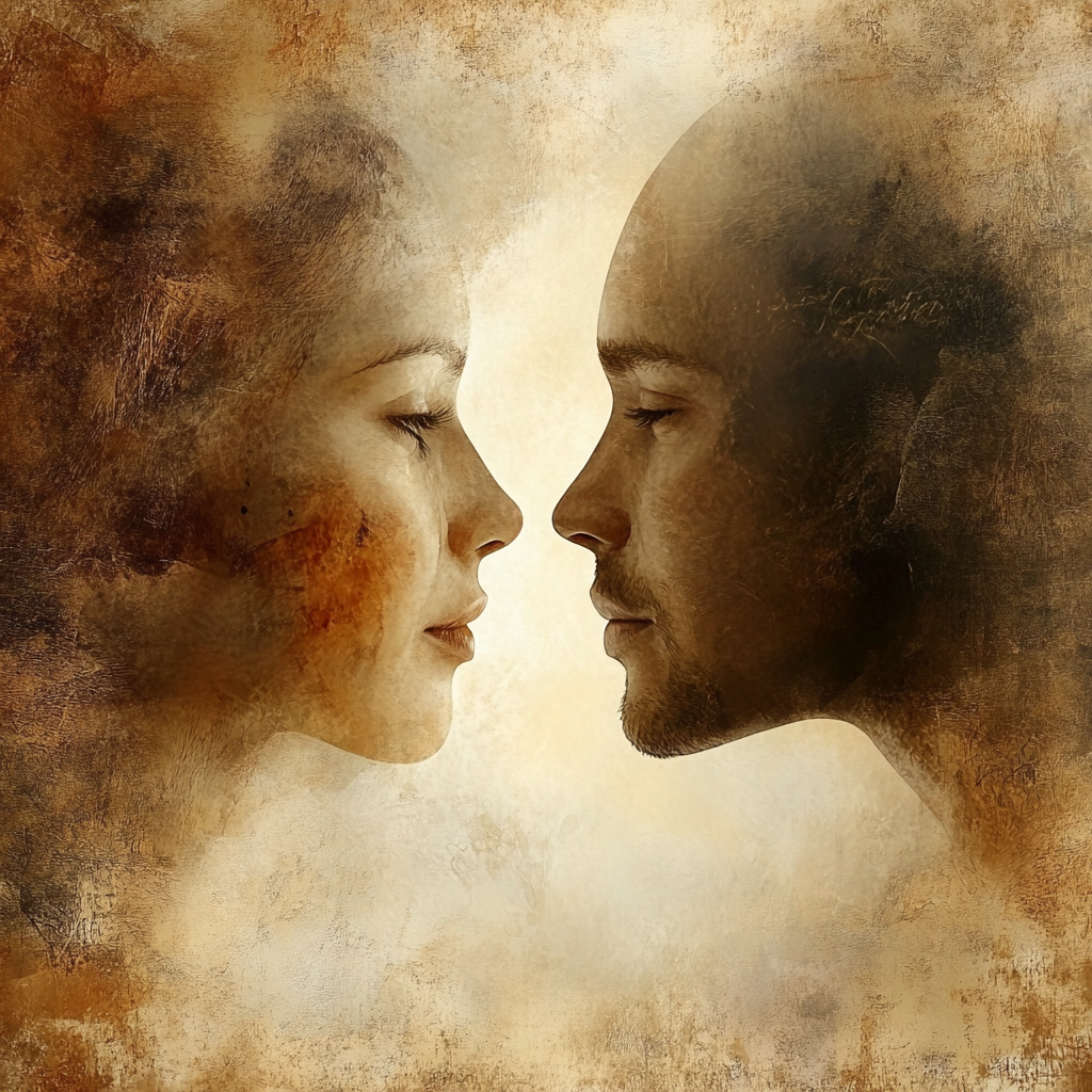 Two individuals sharing an intimate conversation in a cozy setting, expressing feelings through body language and facial expressions. Emotional language in relationships