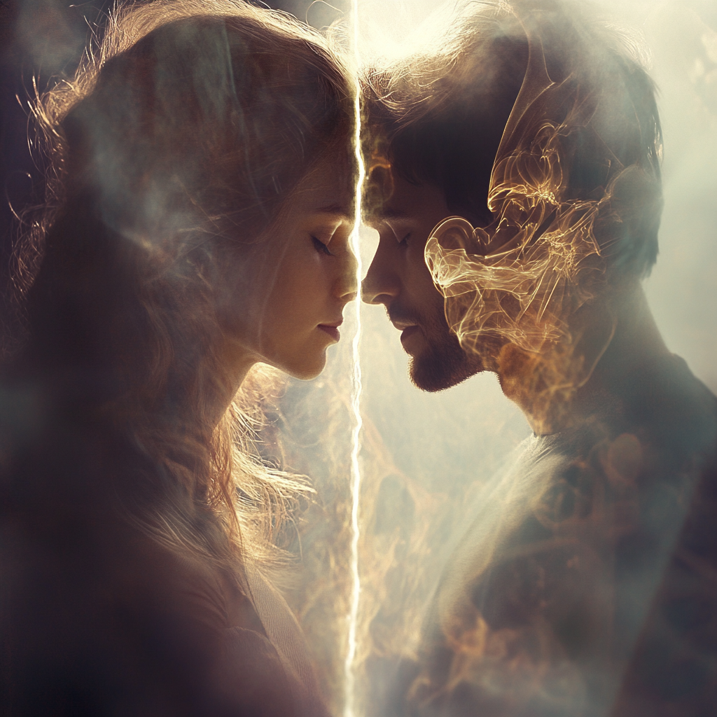 Split image: Romantic couple with a subtly distorted, otherworldly overlay, representing the blurring of reality and imagination in relationships. Precognitive Imagination Relationships