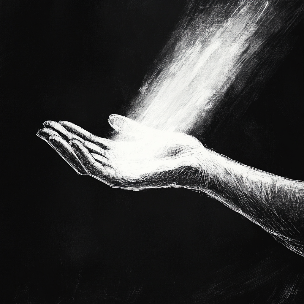 Open hand illuminated by a beam of light from above, symbolizing finding support beyond human interaction. Expectation, Reciprocity, Disappointment, Fulfillment, Self-reliance, Inner Peace, Faith, Spirituality, Unconditional Giving, Human Relationships.