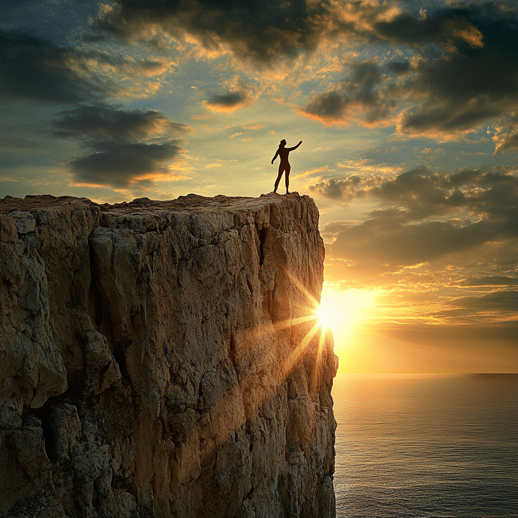 A silhouette of a person opening their arms to the morning sun, standing by a broken wall with light shining through. Inner transformation Accepting the truth Personal growth Self-awareness Emotional healing Spiritual breakthrough Resistance to acceptance Mindset shift