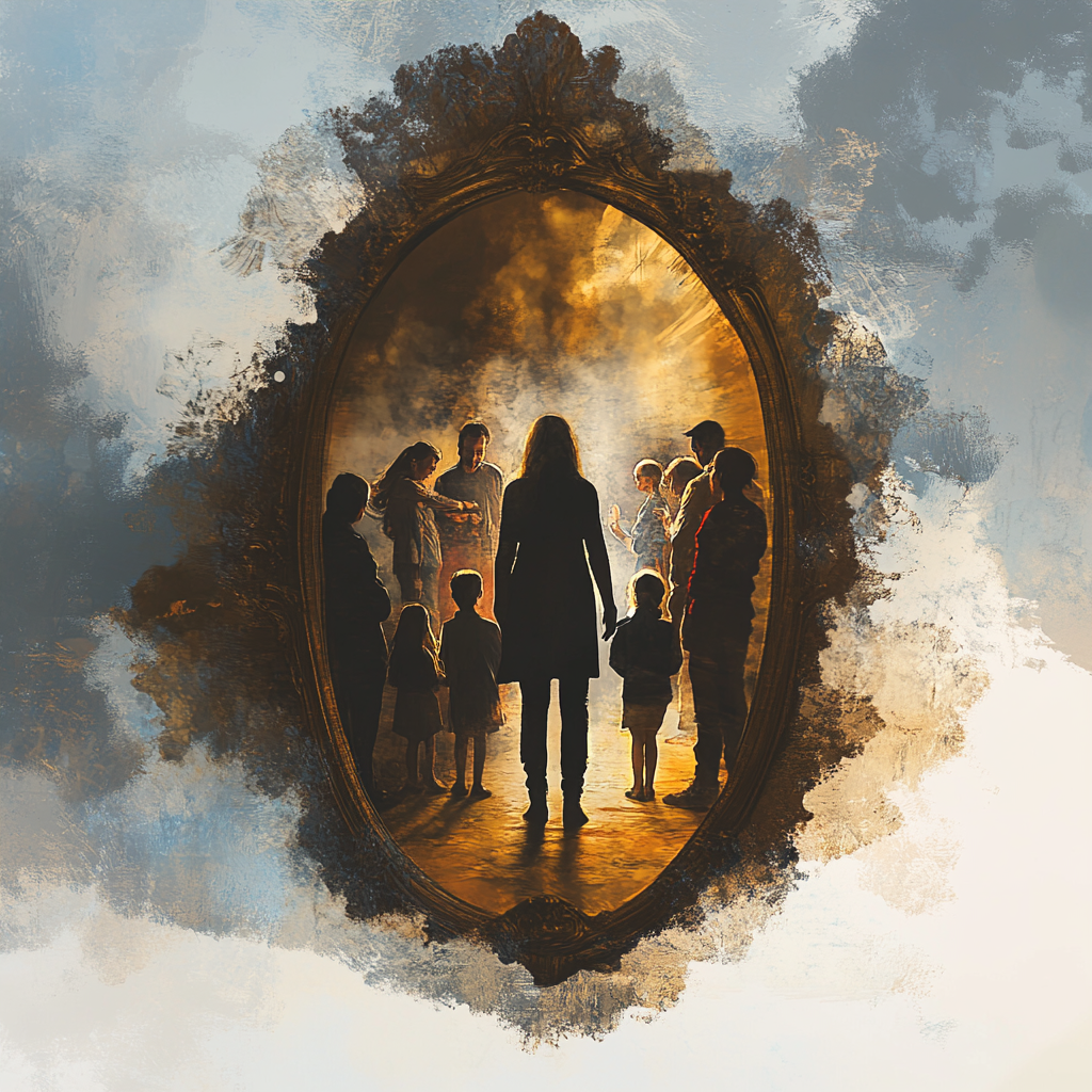 "A parent looking into a mirror reflecting generations of family, symbolizing the hidden impact of personal choices on children and descendants." Your impact on your family Generational healing Family emotional patterns Conscious parenting Generational trauma Parenting legacy Family system dynamics