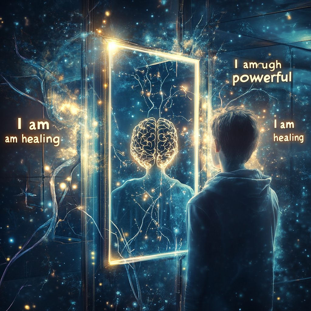 Person repeating affirmations in a mirror as brain neurons light up, symbolizing mental rewiring and emotional healing. Repetition of affirmations rewire your brain, mental reprogramming, self-talk transformation, neuroplasticity and affirmations