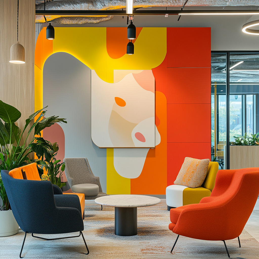 "A vibrant office space with a diverse team collaborating, featuring colorful design elements and inspiring decor." Team Motivation, Design Impact, Creative Workspace, Employee Engagement, Workplace Design