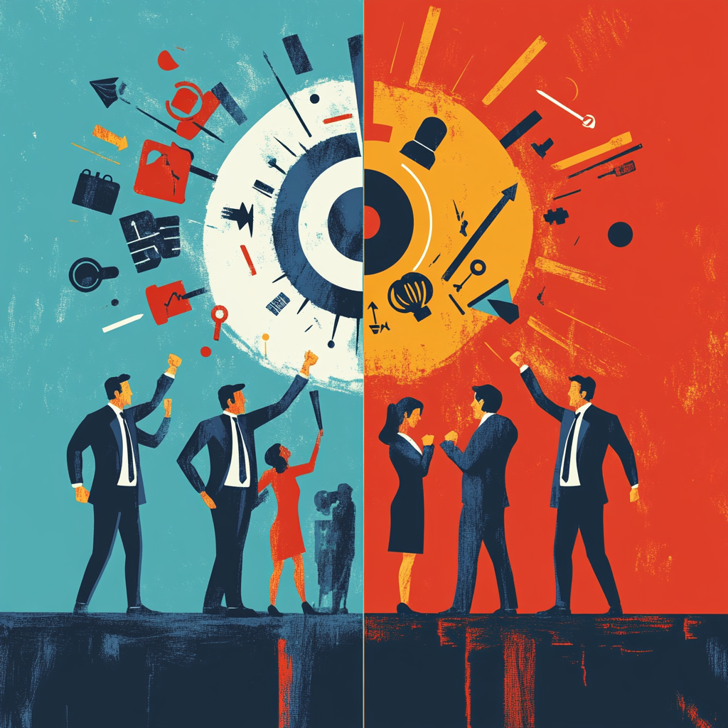 "Split image depicting a successful manager leading a team celebration on the left side, and a struggling manager with a disengaged team on the right side." Management Leadership Success Failure Team Dynamics Business Strategy Communication Skills