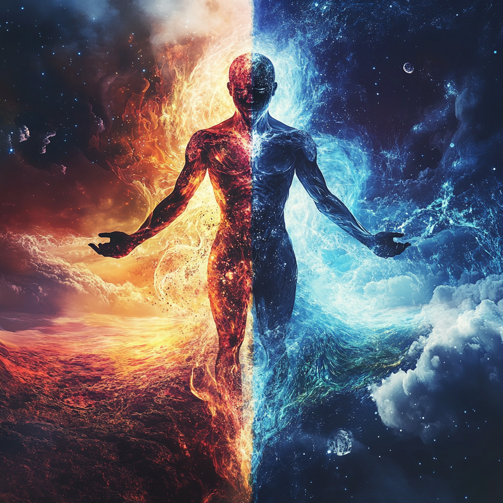 "An illustration depicting the dual nature of human existence: a vibrant physical figure on one side and an energetic etheric silhouette on the other, representing the strengths and weaknesses of both bodies." "Dual Nature of Human Existence"