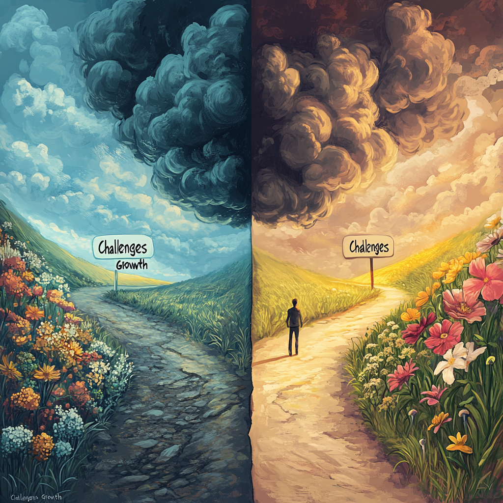 A person stands at a fork in the road, contemplating two paths: one rocky and steep labeled "Challenges," the other bright and lush labeled "Growth." Challenge to Growth