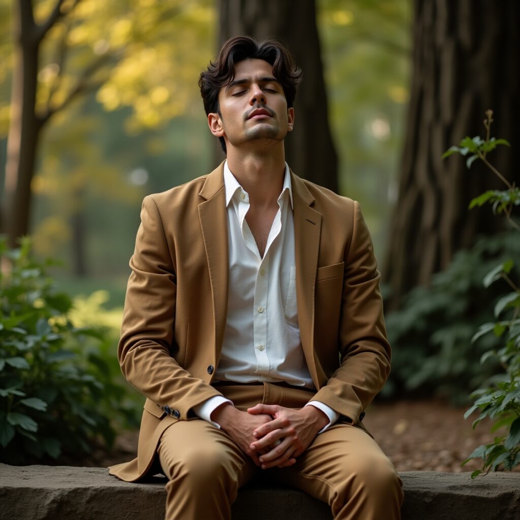 A well-dressed man sits comfortably in a serene natural setting, eyes closed, subtly indicating deep breathing as a soft, calming light emanates from his chest, symbolizing inner peace and anxiety control. BreathingExercises AnxietyControl StressRelief VagusNerve MindBodyConnection DiaphragmaticBreathing PanicAttacks EmotionalRegulation MindfulBreathing SleepImprovement SelfMastery InnerPeace Breathwork NeuroscienceOfBreathing SufiBreathing MoroccanCulture HolisticHealth CopingMechanisms MentalWellness NatureTherapy