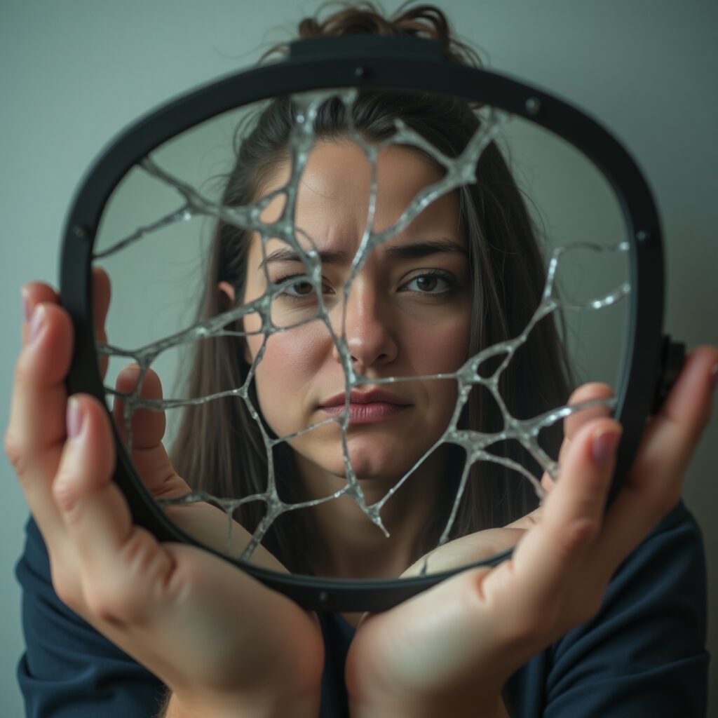 A shattered mirror showing a distorted reflection of a sad person's face, symbolizing a toxic friendship. Broken mirror, distorted reflection, sad face, emotional pain, shattered trust, toxic friendship, self-doubt, unfaithful friend.