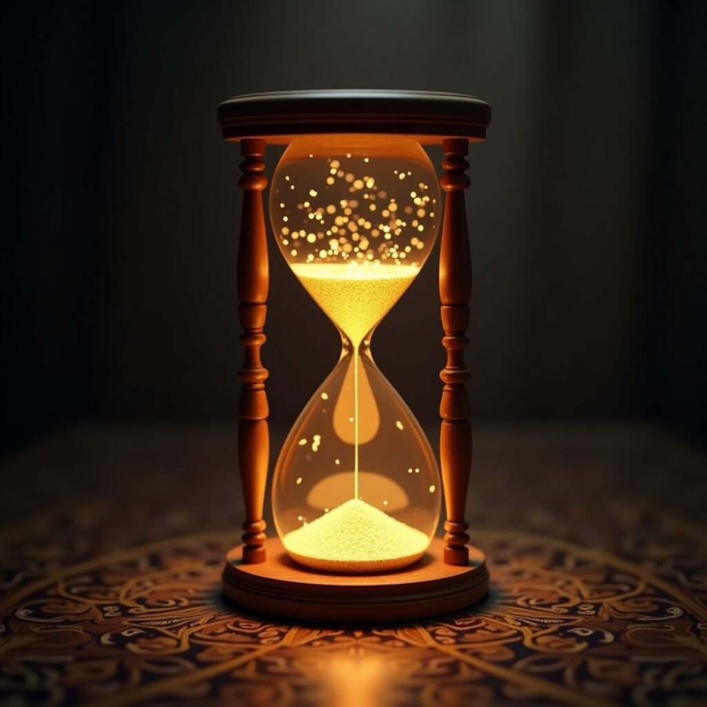 A glowing hourglass visually transforms agitated, fragmented light into a calm, steady radiance, symbolizing patience as a renewable energy source, not just endurance. PatienceAsEnergy RenewablePatience AlchemistsSecret NotJustEndurance Sabr (Islamic Patience) MindfulWaiting EmotionalRegulation StressManagement FocusAndClarity DeepWork Resilience LongTermVision InnerStrength MoroccanCulture SufiWisdom InstantGratification CognitiveLoad FlowState PersonalPower SelfMastery HolisticWellness