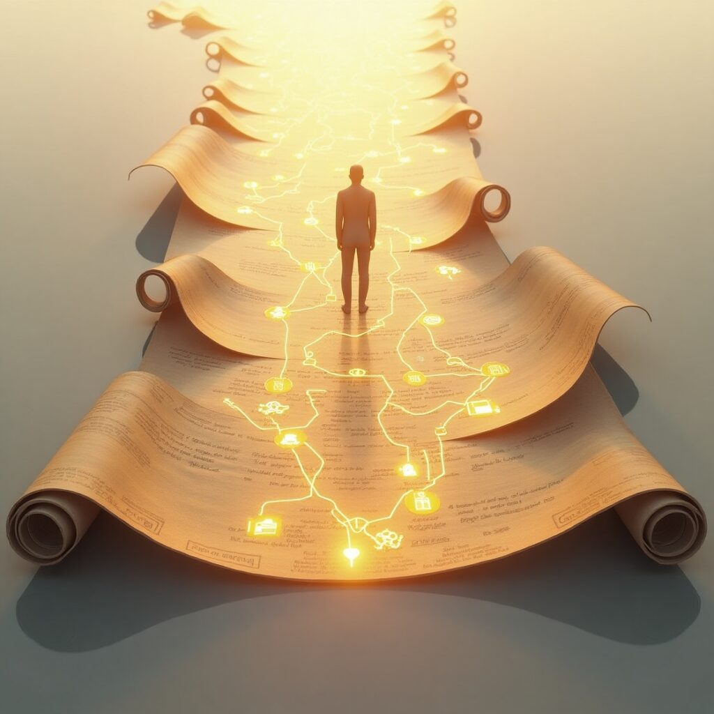 A human figure stands on an unfolding scroll made of small glowing icons representing daily actions and habits, symbolizing "The Unwritten Autobiography" formed by our days. UnwrittenAutobiography DailyHabits SelfAwareness Authenticity PersonalGrowth LivedValues LifeStory HabitFormation TimeManagement SelfDeception ConsciousLiving BehavioralPsychology MindfulAction MoroccanCulture Amal (Deeds) PurposeDrivenLife EmotionalIntelligence EnvironmentalInfluence RelationshipsMatter TrueSelf