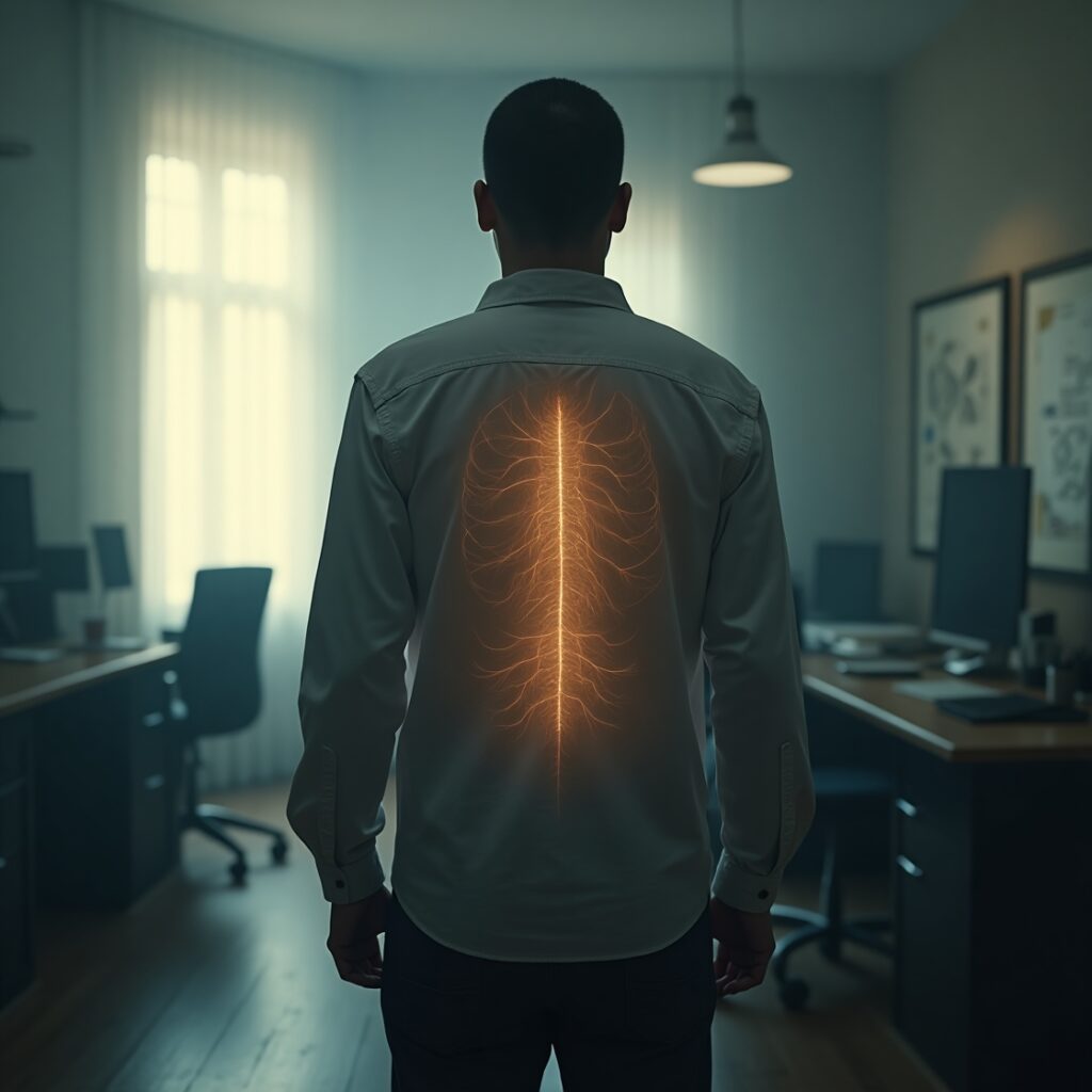A human figure standing upright, subtly radiating faint cracks from within, against a blurred background of a normal environment, symbolizing the unseen internal drain of silent burnout. SilentBurnout UnseenErosion ChronicFatigue EmotionalExhaustion MentalFatigue BurnoutSymptoms HighFunctioningBurnout StressManagement SelfCare WorkLifeBalance MentalWellness PsychologicalHealth Resilience EmotionalIntelligence MoroccanCulture Sabr (Patience) Baraka (Blessing) IdentityCrisis ProductivityTrap WellbeingMatters