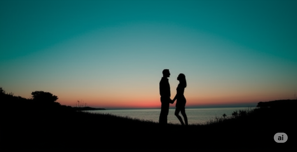 Silhouette of a couple holding hands at sunset/sunrise overlooking the ocean, with a serene sky. Subtle Moroccan architectural elements are hinted at in the landscape, symbolizing secure relationships as an anchor in life's vastness. Secure Relationships Relationship Security Love and Connection Attachment Theory Vulnerability Trust in Relationships Healthy Relationships Relationship Necessity Connection vs Isolation Emotional Well-being Relationship Advice Love in Morocco Family Bonds Marital Security Anchor in Life