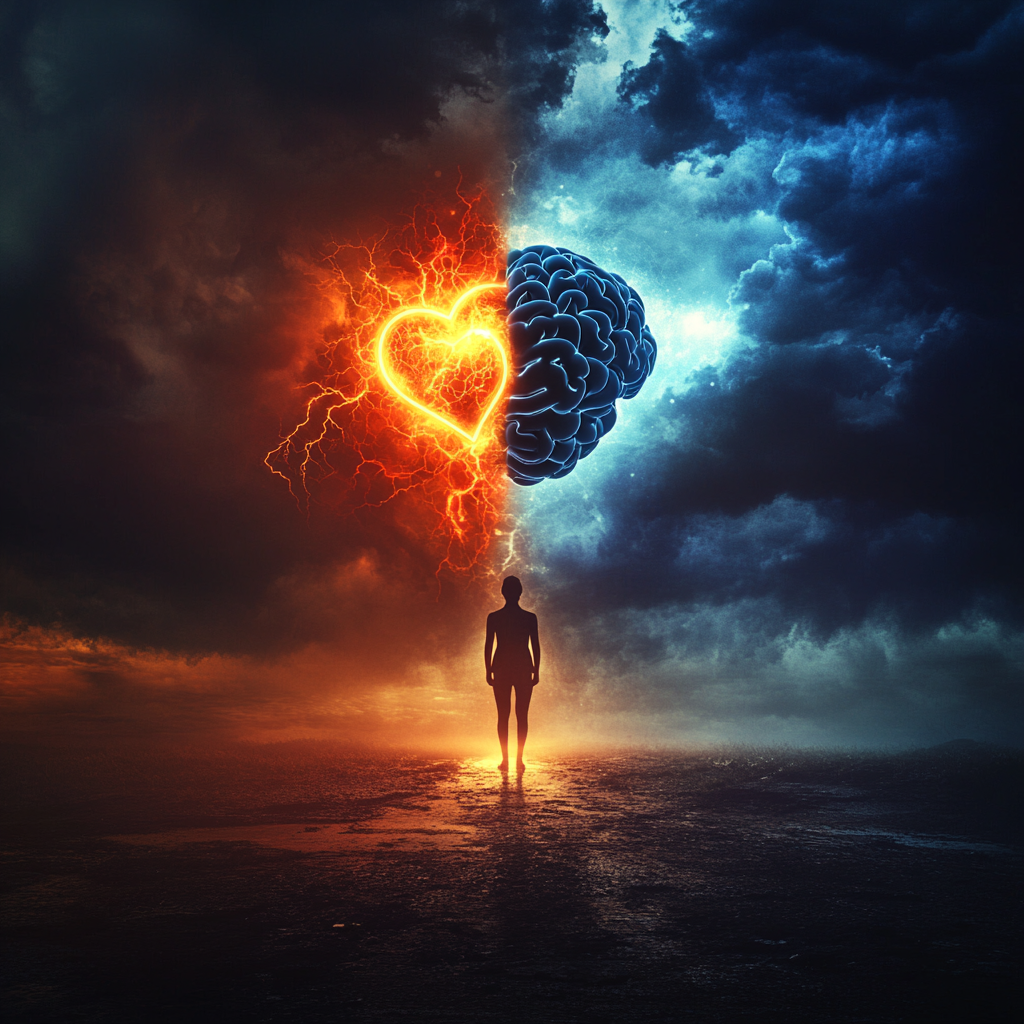 “A person standing at a crossroads, symbolizing the balance between emotions and rational decision-making, with glowing heart and brain icons.” Emotional selection, emotional mastery, emotional intelligence, balanced decision-making, emotional resilience, self-awareness