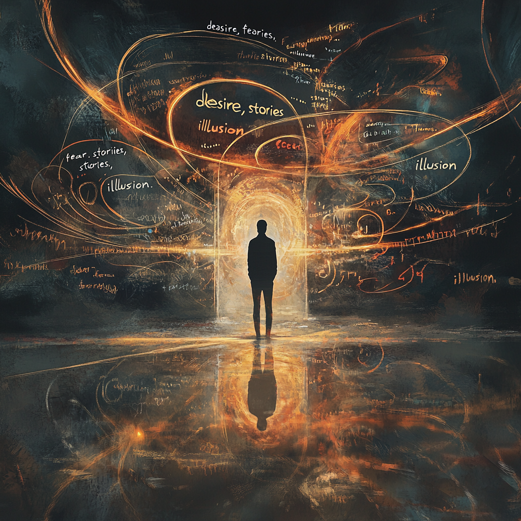 "A person standing at a crossroads with multiple paths, symbolizing choices and the illusion of motivation; background features swirling clouds of words like 'desire' and 'illusion.'" Motivation illusion True purpose Self-awareness Inner truth Psychological myths Habits and behavior Personal growth Mindfulness Self-discovery Authentic living