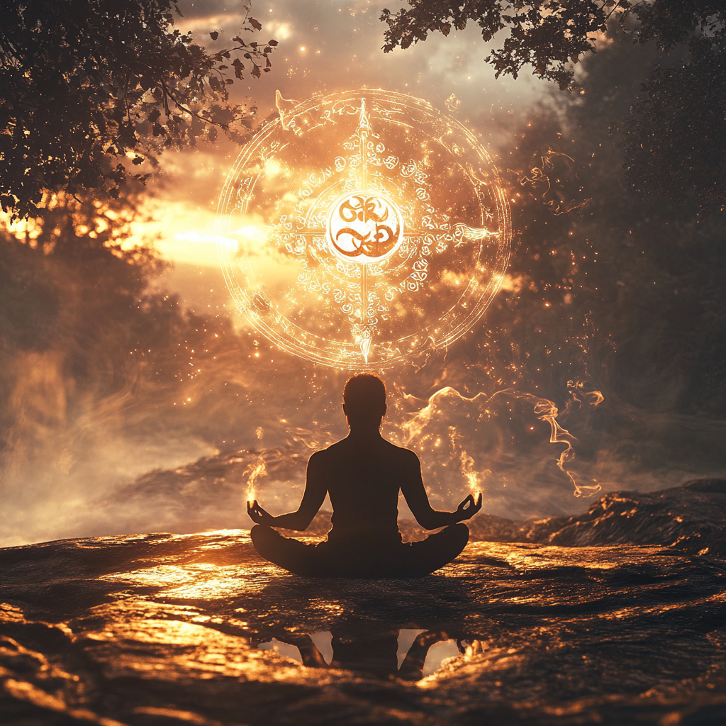 "A person meditating peacefully at sunrise, surrounded by sacred symbols glowing softly, symbolizing divine connection and spiritual focus." Sacred meditation Divine connection Spiritual growth Meditation dangers Authentic prayer Spiritual deception Divine Names