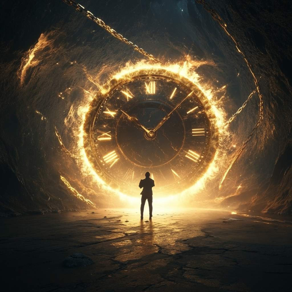 "A person breaking free from shadows representing procrastination, holding a glowing clock symbolizing reclaimed time and potential." procrastination, reclaim your time, self-improvement, personal growth, overcoming delay, productivity, motivation