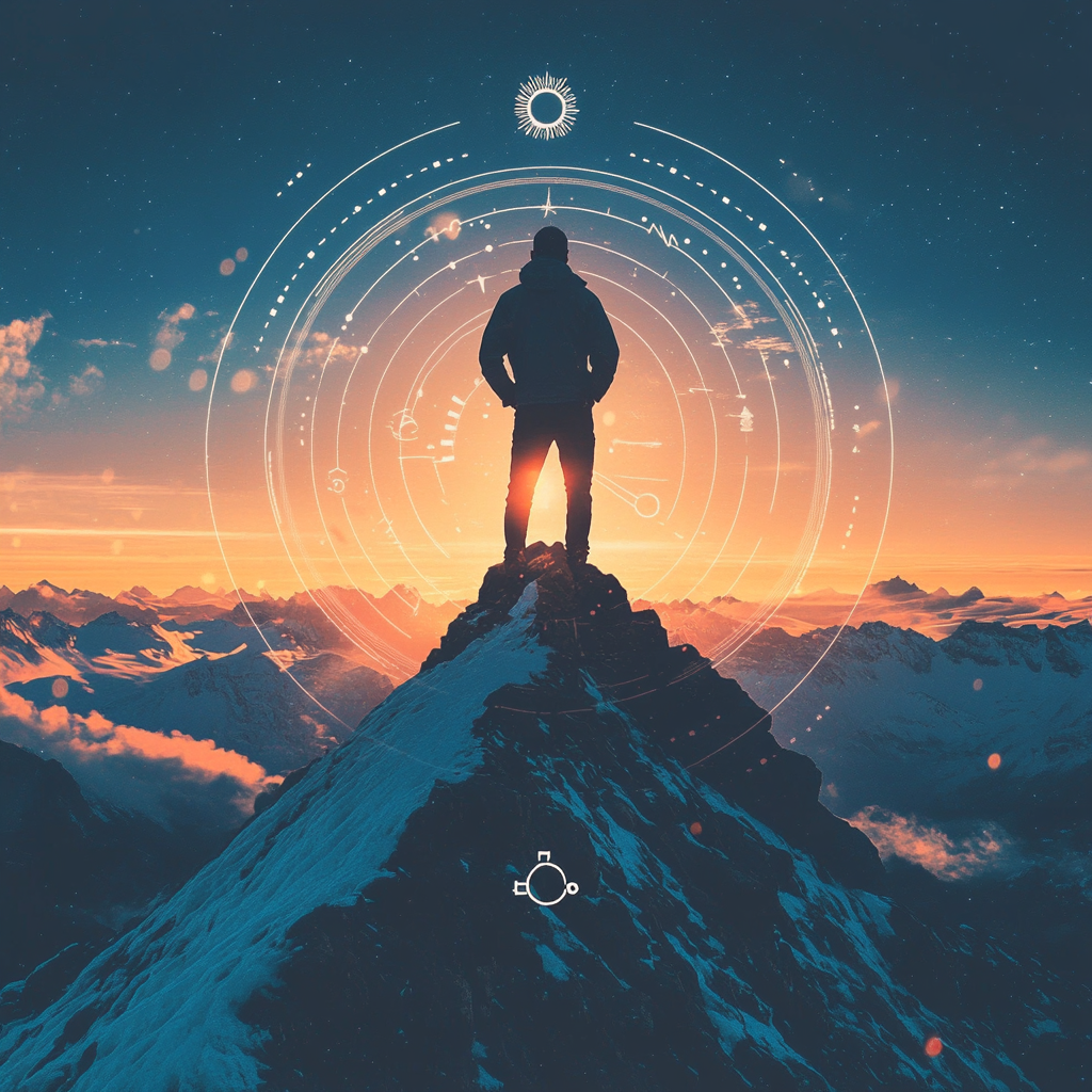 A person standing triumphantly on a mountain peak at sunrise, symbolizing renewal and success, with an overlay of a thermometer icon being reset. Revisit success Motivation boost Personal growth Neuroplasticity Self-improvement Success stories Reset your mindset Confidence building