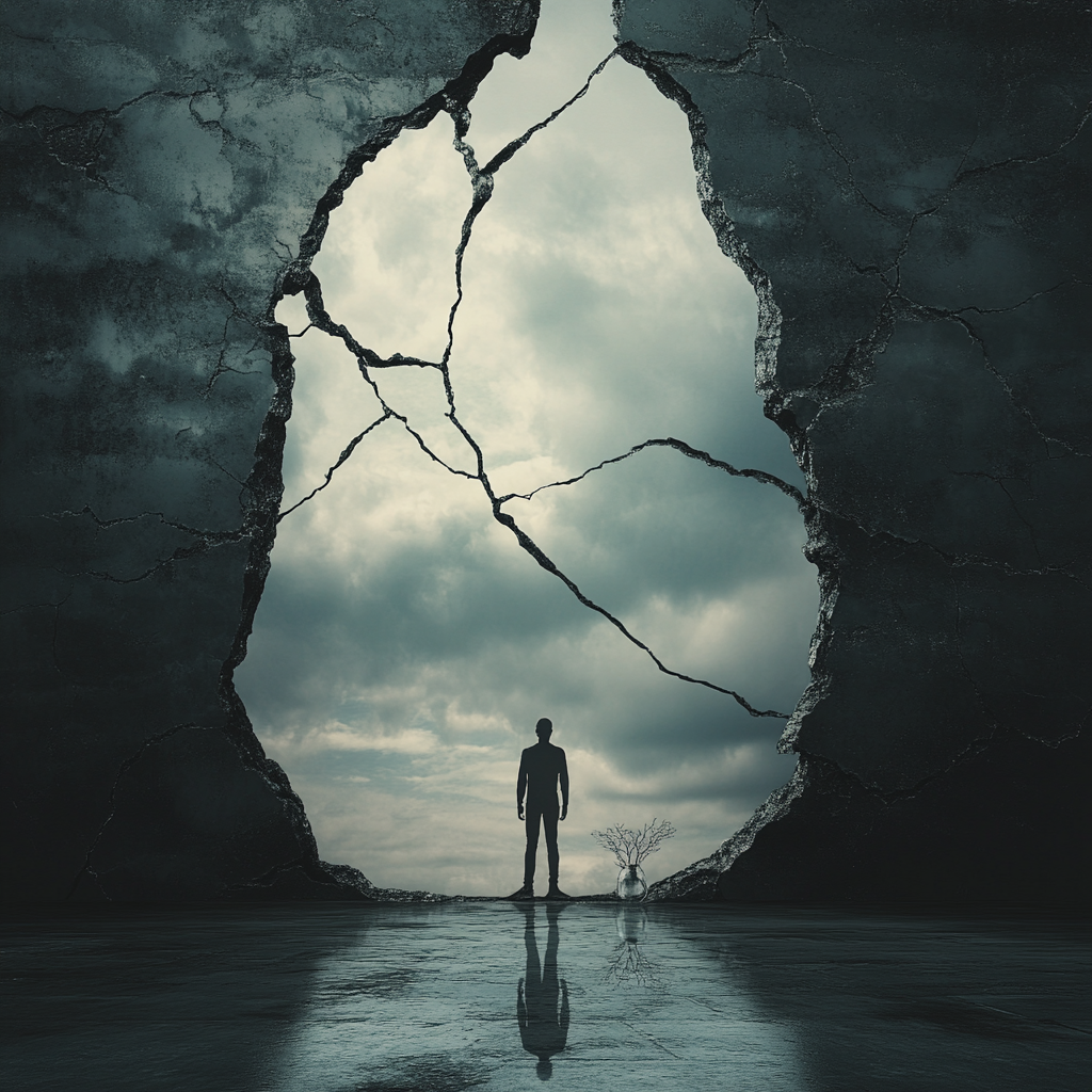 "A person standing confidently with dark clouds or cracks behind, illustrating the hidden dangers of toxic resilience and emotional strain." Toxic resilience Emotional health dangers Overcoming everything Mental health risks Hidden stress Secondary Keywords: Burnout prevention Emotional exhaustion Healthy boundaries Self-care Mental health awareness