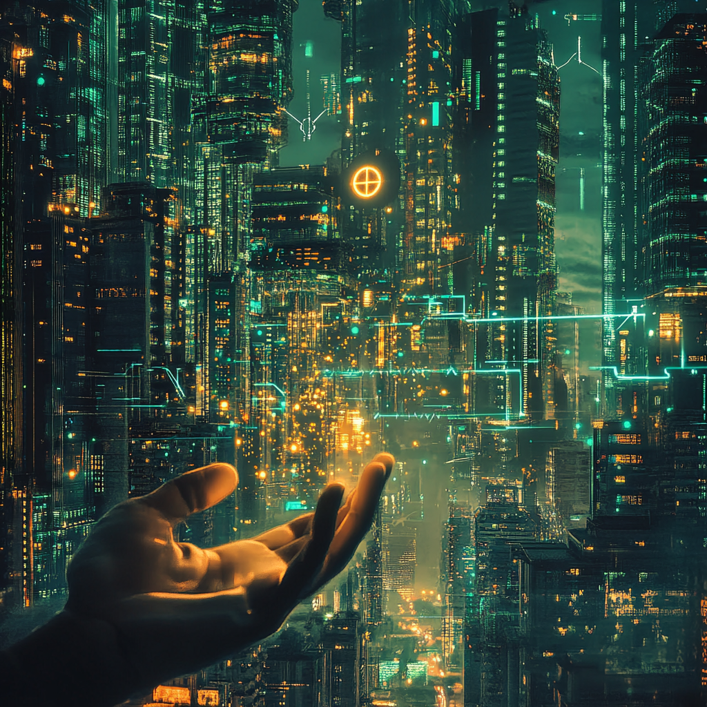Holographic financial data floats above a futuristic cityscape, symbolizing long-term investment planning in a changing world. Portfolio 2050, financial planning, future of finance, investment strategy, AI impact, climate change finance, geopolitical risk, biomedical innovation, freelance economy, blockchain, decentralized finance, aging population, ethical investing, ESG, financial resilience, future trends, wealth management, long-term investment, technological disruption, economic change, 2050 predictions.