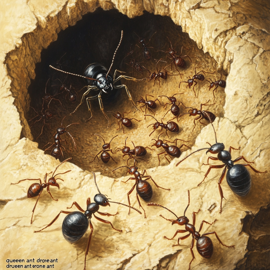 An ant colony scene. Two large ants (parents) are interacting in a central chamber while smaller worker ants (children) observe, their behavior influenced by the parental dynamics. Ants, colony, parents, children, relationships, childhood, experience, behavior, influence, glimpse wars, family, development, observation, dynamics, social, nature.