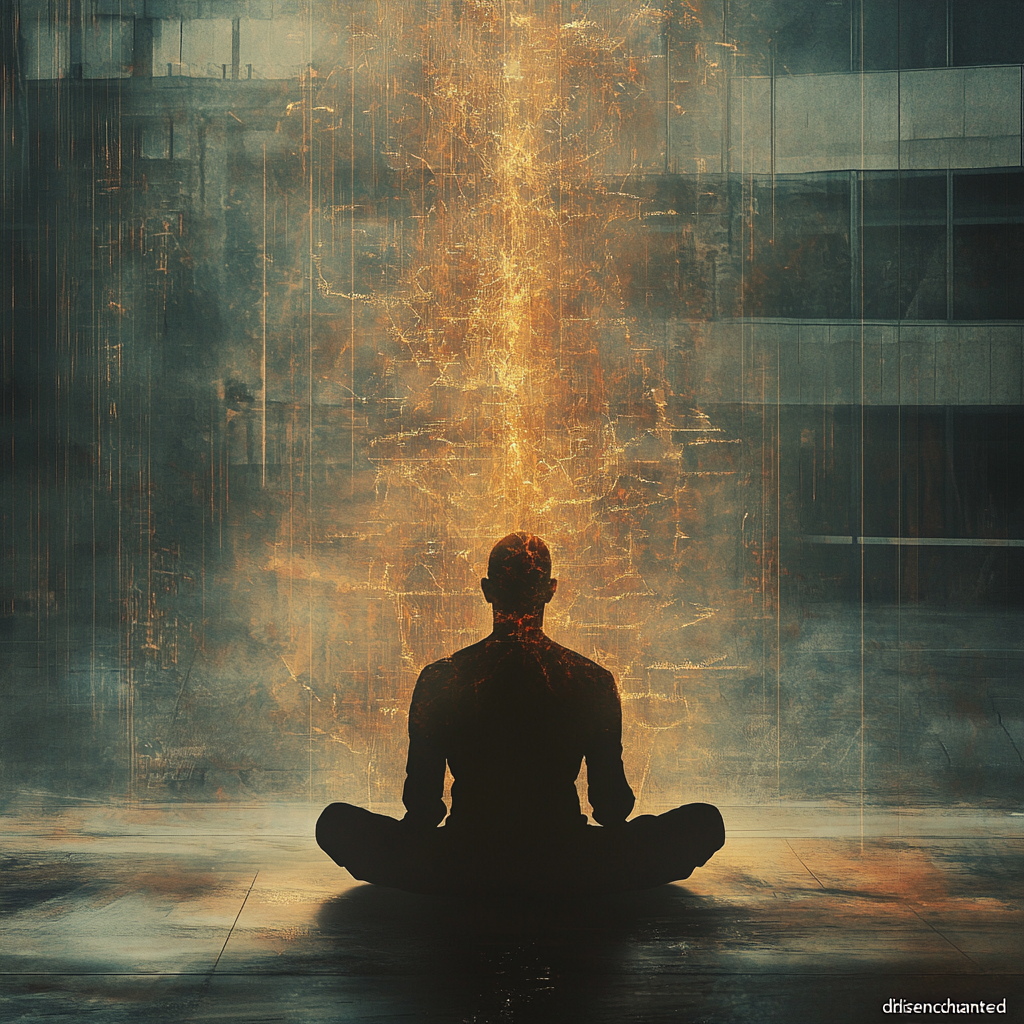 A human figure glows with light from their heart, connecting upwards to an ethereal Divine source amidst a muted, modern background, symbolizing a living relationship with God beyond ritual. LivingRelationshipWithGod DivineConnection SpiritualAwakening BeyondRitual DisenchantedWorld SpiritualGrowth PrayerLife DivinePresence Mindfulness GratitudePractice SurrenderToGod CommunityOfFaith SpiritualDiscipline DivineLove Sufism Ihsan (Spiritual Excellence) Dhikr (Remembrance) Tawakkul (Trust in God) MoroccanSpirituality FaithJourney SpiritualLiving