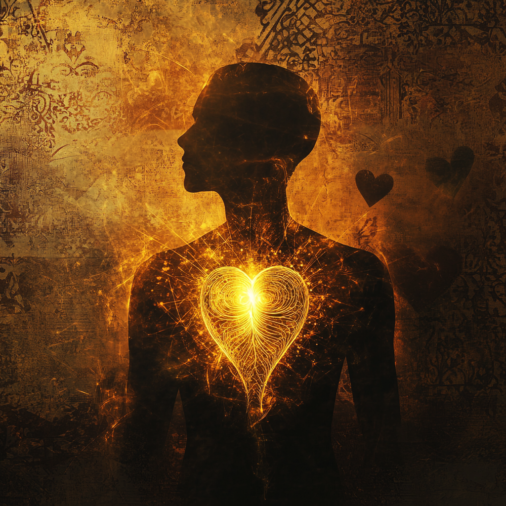 A silhouette radiates a golden light from its chest, forming an ethereal imprint that touches other figures, symbolizing an unforgettable presence in hearts. Subtle Moroccan patterns merge into the light, representing deep human connection. Unforgettable Presence Heartfelt Impact Authentic Connection Deep Listening Radical Authenticity Emotional Resonance Beyond Memory Genuine Connection Spiritual Generosity Vulnerability as Strength Consistent Care Human Connection Personal Impact Moroccan Hospitality Diyafa (Hospitality) Karam (Generosity) Legacy Building Mindful Presence Interpersonal Skills