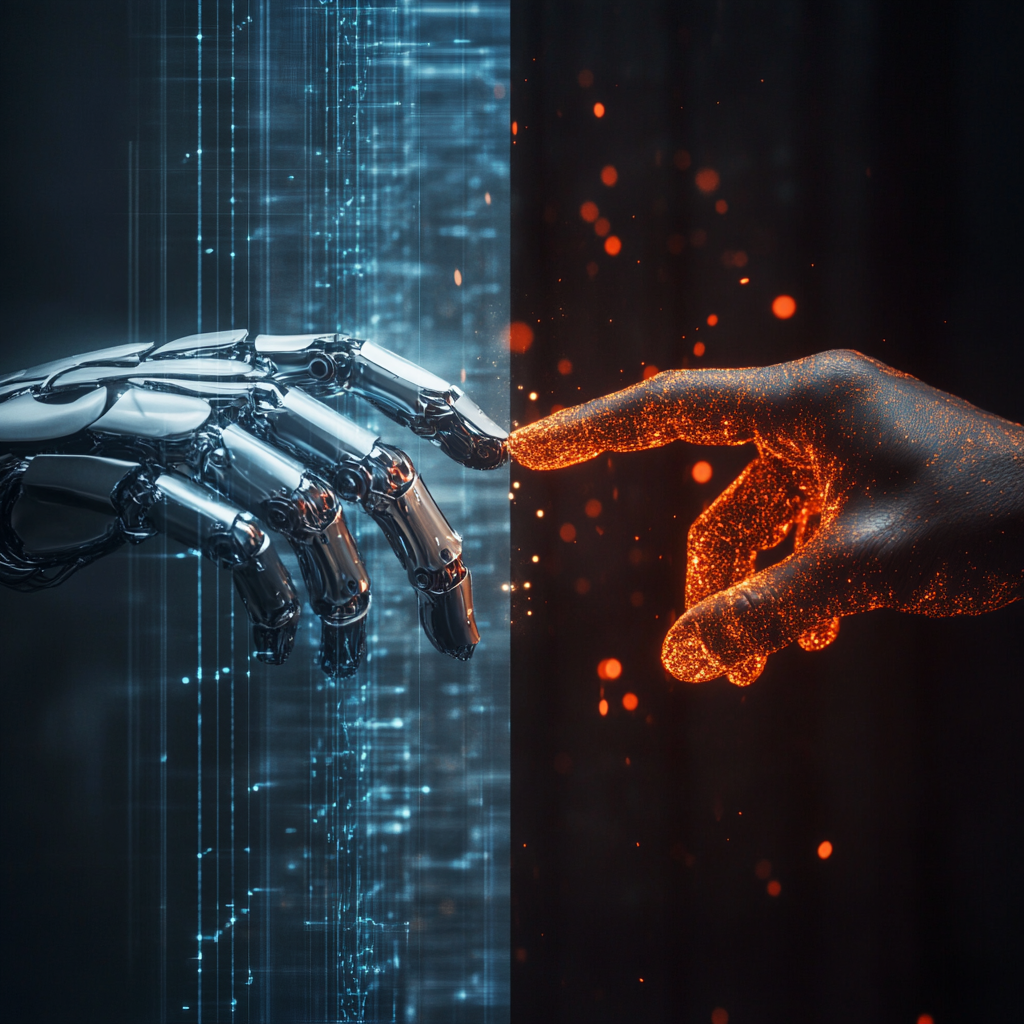 A warm human hand crafting a unique, vibrant object contrasts with a cold robotic arm producing sterile, identical items, symbolizing the struggle between authentic creation and sterile production in the digital age. InformationDensity SterileProduction ReclaimingHumanity AgeOfOversaturation DigitalOverload CognitiveOverload AlgorithmicOverreach HumanCreativity AuthenticProduction Craftsmanship SoulfulCreation MetricsTrap LongTermVision Homogenization DisconnectedCreator IntuitiveWisdom HumanImperative MoroccanArtisans Zellige ConsciousConsumption DigitalEthics