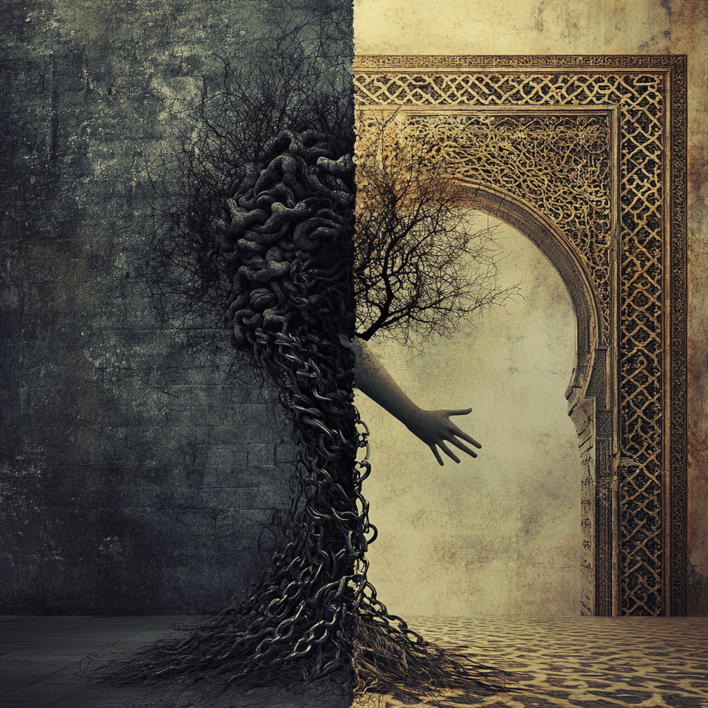 Split image showing rigid chains and walls on one side (social destiny) and vibrant, organic growth with a hand reaching upwards on the other (mental decision/agency). Elements intertwine, with subtle Moroccan architectural hints, symbolizing the complex relationship between external barriers and internal choice in poverty. Poverty Debate Mental Decision Social Destiny Scarcity Mindset Cognitive Burden Systemic Poverty Social Determinants Opportunity Divide Resilience Entrepreneurial Spirit Learned Helplessness Poverty Solutions Social Justice Intersectional Poverty Human Agency Moroccan Context Sabr (Perseverance) Rizq (Provision) Economic Inequality Global Poverty MindsetShift