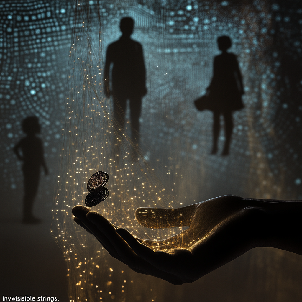 An adult hand holding money is subtly manipulated by glowing, invisible strings connected to shadowy childhood figures in the background, symbolizing unconscious financial programming inherited from childhood. FinancialProgramming ChildhoodMoneyBeliefs UnconsciousInheritance MoneyMindset FinancialPsychology BehavioralEconomics ScarcityMindset AbundanceMindset ParentalMoneyScripts EmotionalSpending FinancialFreedom WealthMindset ReprogrammingBeliefs FinancialLiteracy NeuroLinguisticProgramming (NLP) Baraka (Blessing) MoroccanCulture FinancialWellness MoneyHabits FinancialDestiny