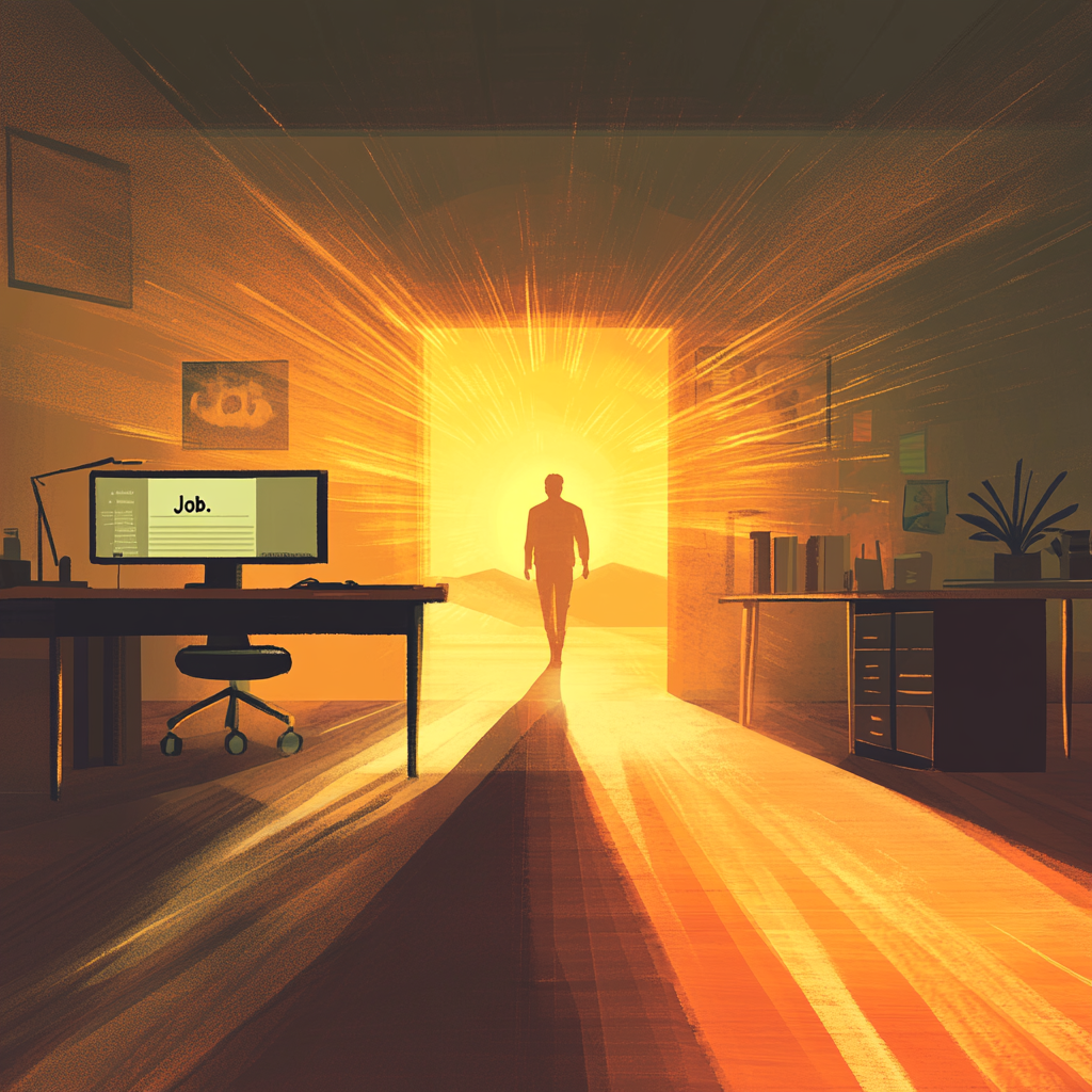 A monochromatic office desk transforms into a vibrant, sunlit landscape with a glowing path leading to a purposeful figure, symbolizing the journey from a mundane job to a meaningful message. Subtle Moroccan patterns are woven into the light. Job to Message Vocation Discovery Consciousness & Work Purposeful Career Career Transition Authentic Calling Meaningful Life Spiritual Purpose Ego vs. Calling Survival Script Entrepreneurial Spirit Resilience in Vocation Personal Mission Life's Work Moroccan Wisdom Niyya (Intention) Baraka (Blessing) Self-Actualization Work Fulfillment Career Change