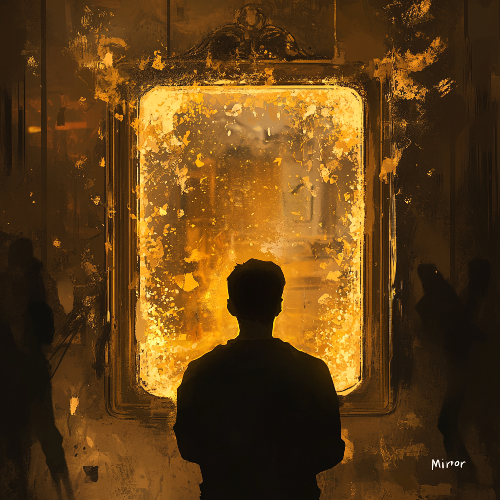 A silhouette of a person looking into a distorted golden mirror that reflects abstract emptiness, symbolizing an insatiable need for money masking deeper deficiencies. Subtle Moroccan architectural patterns frame the mirror, suggesting introspection within a cultural context. Money Deficiency Financial Obsession Money and Happiness Self-Worth Materialism Emotional Spending Scarcity Mindset Purpose of Money Spiritual Emptiness Consumerism Inner Peace True Abundance Wealth Psychology Unmet Needs Moroccan Values Financial Anxiety Psychology of Money