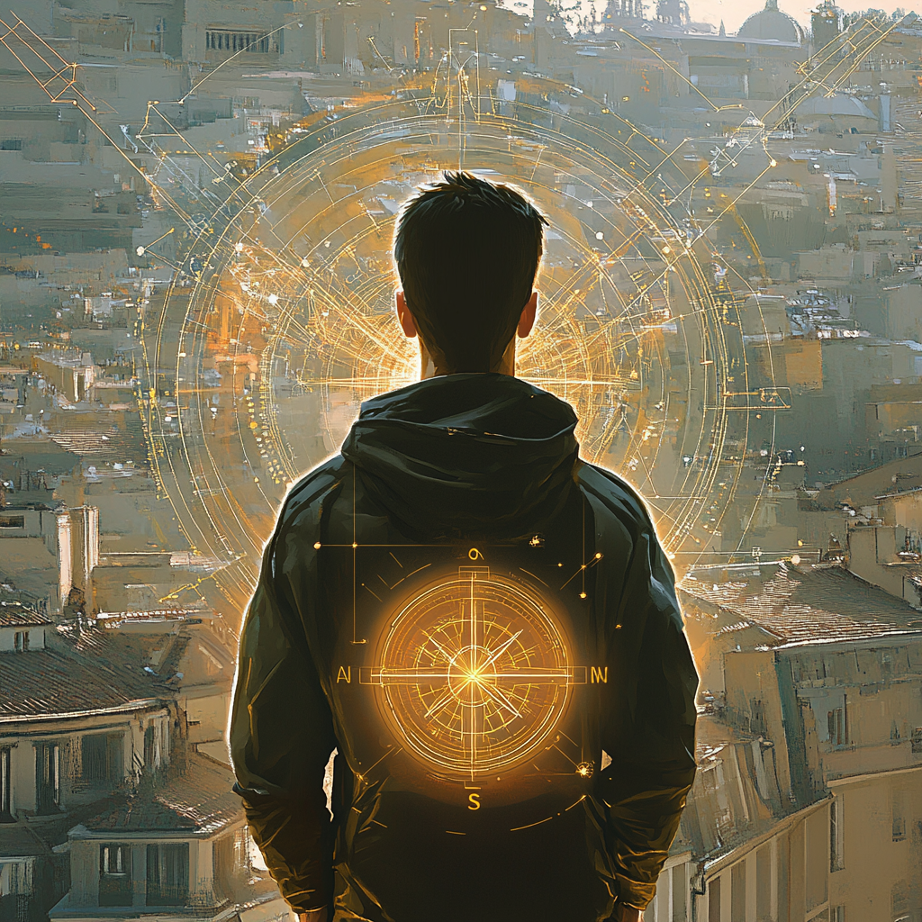 A person looks lost in a modern city, but a faint, internal compass glows within, symbolizing the need to reconnect with intuition. The background blends cityscapes with ancient star charts and natural landscapes. Natural Compass Instincts Intuition Inner Guidance Modern Disconnect Digital Detox Nature Connection Somatic Intelligence Authentic Living Social Media Impact Cognitive Overload Ancestral Wisdom Holistic Well-being Mindfulness Self-Trust Gut Feeling Inner Wisdom Intuitive Living Return to Instincts Finding Direction