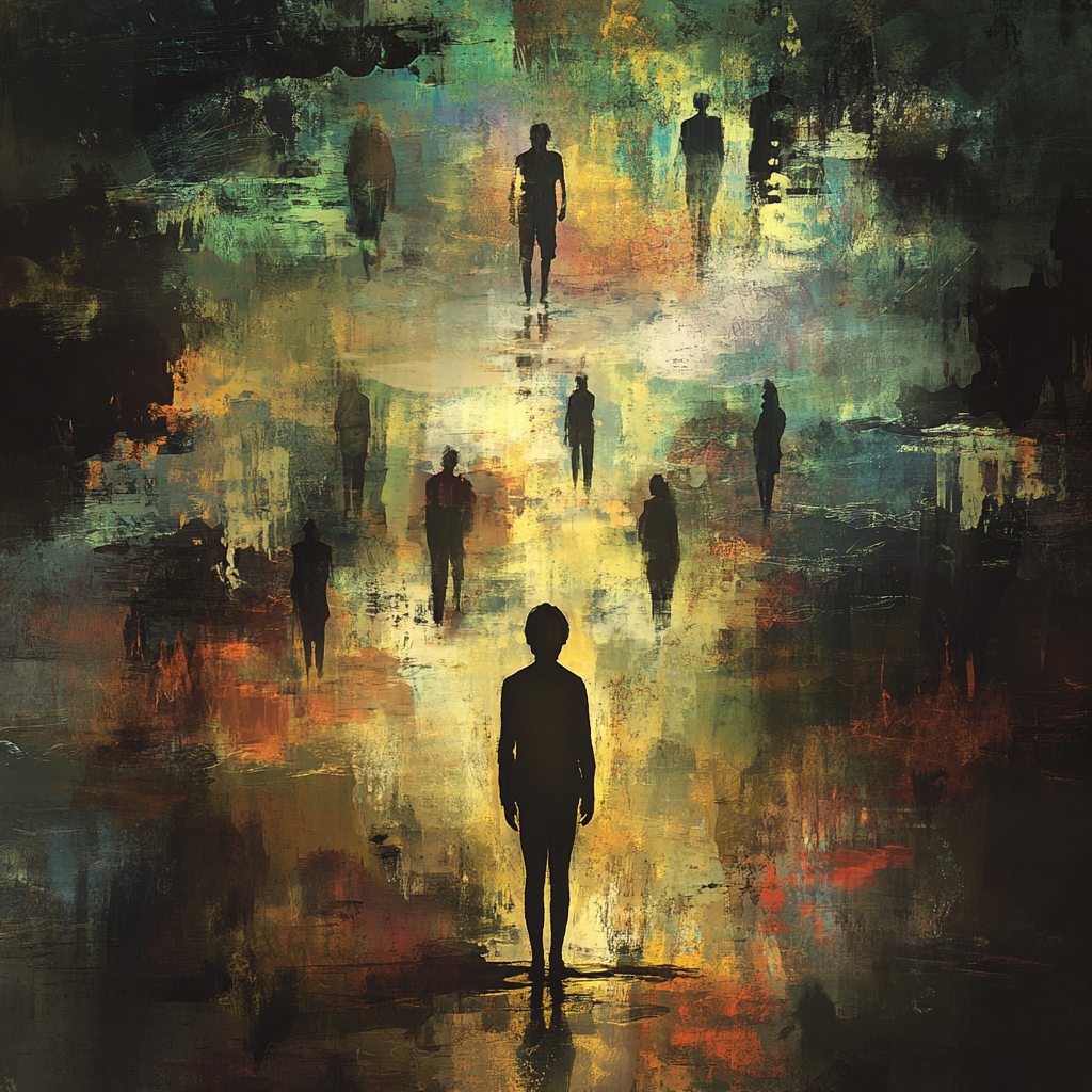 Abstract painting depicting a solitary shadowy figure in the foreground looking towards multiple other shadowy figures receding into a textured background of warm and cool colors, symbolizing the search for one's true identity among different selves. Identity Crisis Self Discovery Authenticity True Self Personal Journey Inner Exploration Multiple Selves Self Reflection Existentialism Who Am I Finding Your Path Consciousness Personal Growth Life Choices Shadow Self Abstract Art Meaning