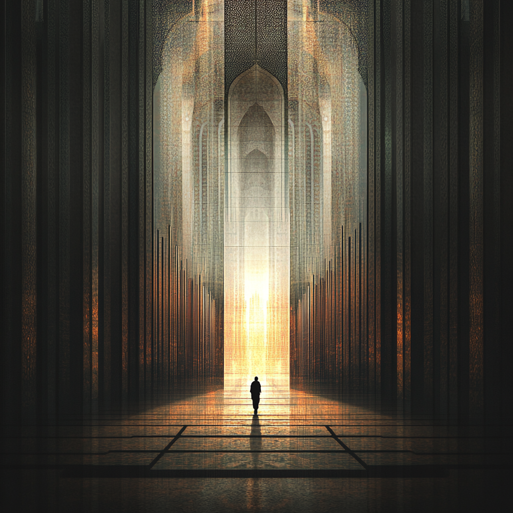 Split image contrasting rigid, uniform religious structures with a vibrant, flowing spiritual scene featuring a figure reaching towards light, embodying the shift from programmed religion to free spirit. Subtle Moroccan patterns hint at authentic faith. Programmed Religion Free Spirit Authentic Faith Spiritual Awakening Religious Freedom Personal Spirituality Conscious Faith Unexamined Beliefs Spiritual Growth Dogma vs. Truth Inner Compass Spiritual Liberation Moroccan Sufism Niyya (Intention) Islamic Spirituality Mindful Practice Spiritual Autonomy Reclaim Your Faith