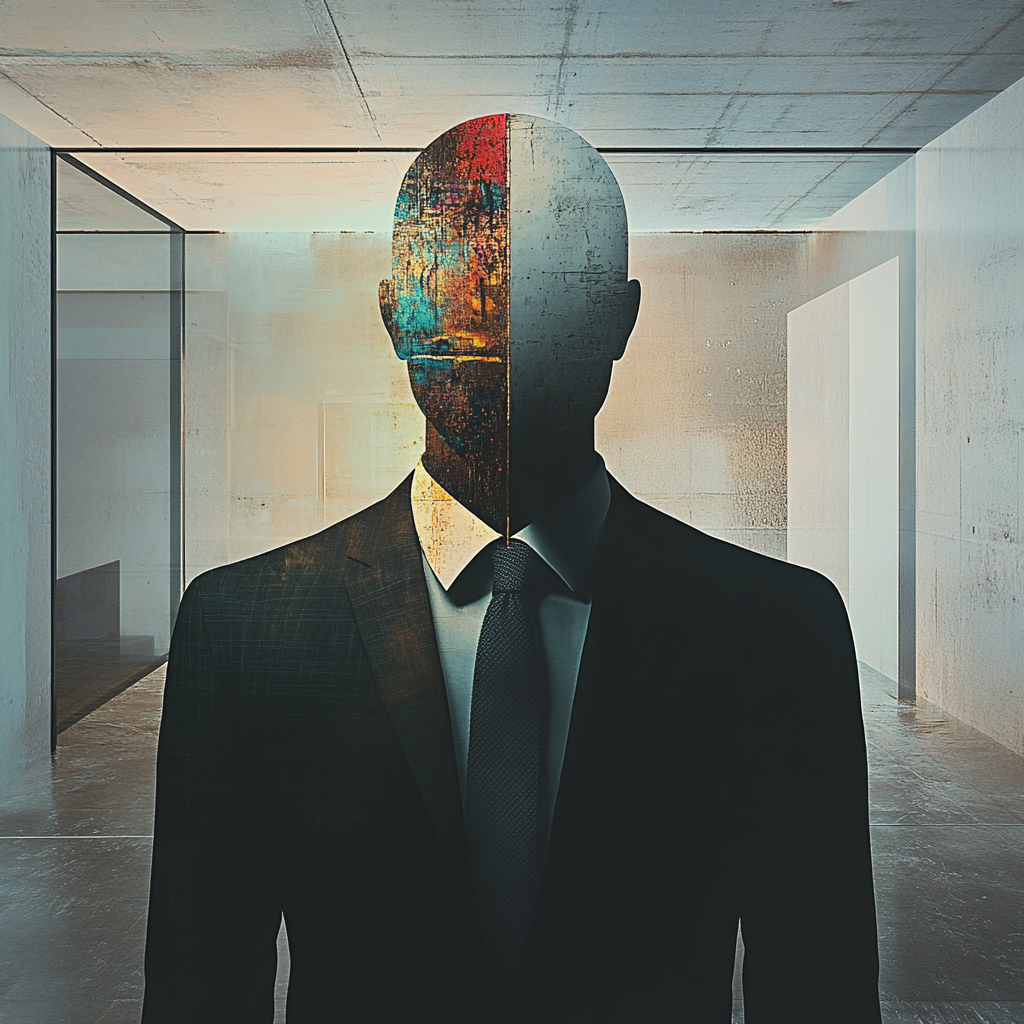 A person in professional attire wears a subtle mask, revealing a glimpse of their vibrant, authentic self underneath, symbolizing a job that doesn't resemble them. JobMisalignment AuthenticCalling CareerChange ProfessionalFulfillment BurnoutPrevention WorkLifeAlignment ValuesInWork StrengthsBasedWork JobSatisfaction CareerCoaching PurposeDrivenWork MentalHealthAtWork JobStress FindingYourPurpose MoroccanCrafts Itqan (excellence) Fitra (true nature) AuthenticSelf CareerTransition WorkplaceWellness