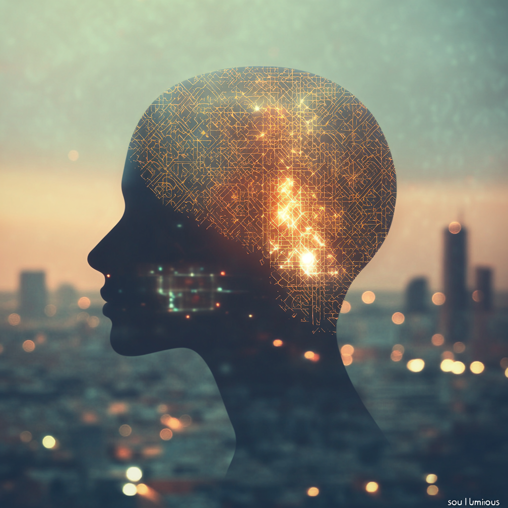 A luminous human head silhouette against a blurred city background, with light waves emanating from within, symbolizing the soul's voice emerging through silence. Subtle Moroccan geometric patterns are visible inside. Silence Benefits Inner Voice Soul Connection Mindfulness Self-Discovery Digital Detox Cognitive Overload Emotional Processing Creative Inspiration Ego Fear Somatic Wisdom Spiritual Growth Quiet Contemplation Meditation Practice Moroccan Culture Sufism Dhīkr (Remembrance) Authentic Self Inner Peace Wellbeing