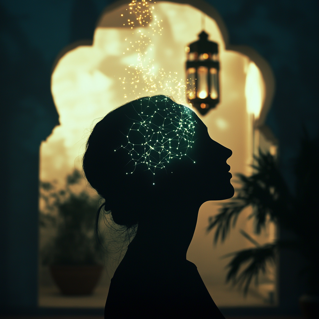 A silhouette rests peacefully, with light radiating from its head, symbolizing brain restoration during mindful sleep. The background subtly features Moroccan archways, evoking a tranquil sanctuary for rest. Mindful Sleep Sleep Deprivation Free Cure Sleep Quality Circadian Rhythm Sleep Debt Restorative Sleep Mental Health Physical Health Brain Function Stress Reduction Insomnia Cure Natural Sleep Aids Sleep Hygiene Moroccan Culture Bedtime Routine Holistic Health Well-being Self-Care Rejuvenation