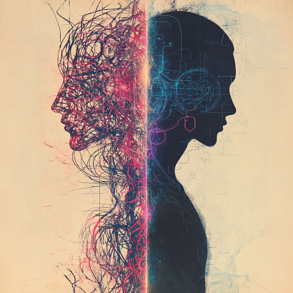 A split image shows a figure composed of tangled lines representing the present self, transitioning to a figure built with clear, vibrant patterns, symbolizing redefining oneself. redefine yourself personal transformation identity change self improvement know yourself self discovery self awareness limiting beliefs change habits mindset change identity crisis personal growth build future self behavioral change narrative identity personal development cultural identity overcoming challenges life change future self