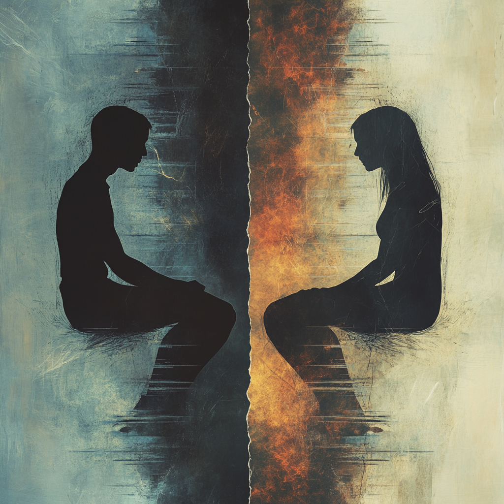 A split image illustrating silence in relationships. On the left, two silhouetted figures are emotionally distant with a barrier between them, representing destructive silence. On the right, the same figures are comfortably connected with glowing light, symbolizing healthy, intimate silence. Silence in relationships Communication in relationships Relationship strength Emotional connection Destructive silence Healthy silence Stonewalling Silent treatment Intimacy Trust Conflict resolution Communication skills Relationship problems Non-verbal communication Emotional distance Quiet moments Relationship advice Couples therapy Secure attachment Cultural communication Personal space