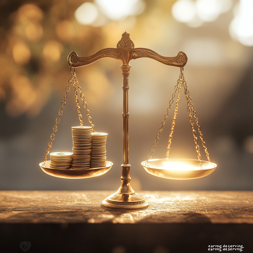A golden scale showing one side weighed down by symbols of earned achievement (coins, trophy) and the other radiating ethereal light, symbolizing the profound difference between earning and inherent deservingness. EarningVsDeserving InvisibleLedger MeritocracyTrap InherentWorth SelfCompassion UnconditionalValue PsychologicalWellness EmotionalIntelligence BurnoutPrevention ImpostorSyndrome ScarcityMindset AbundanceMindset HumanDignity (Karama) MoroccanCulture SelfAcceptance PurposeBeyondProfit MentalHealthMatters SocietalWellbeing PersonalGrowth