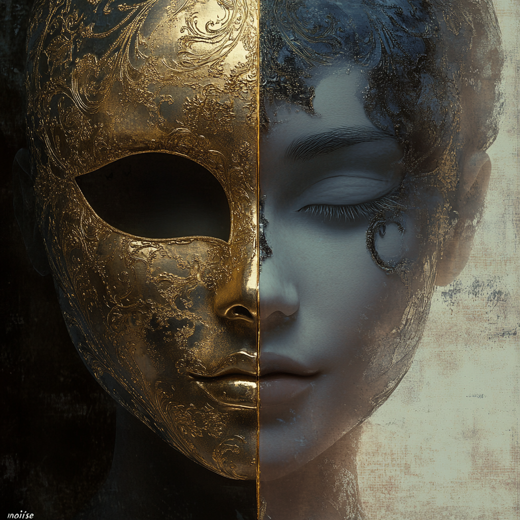 A split image: on the left, a face wears a golden, slightly cracked mask on a muted background, symbolizing living for an external image. On the right, the same face is unmasked, serene and genuine, with warm light and subtle Moroccan patterns, representing living authentically from within. Authenticity True Self False Self Self-Identity Self-Acceptance External Validation Social Media Impact Cognitive Dissonance Imposter Syndrome Mental Health Emotional Well-being Self-Discovery Personal Growth Mindfulness Psychology of Self Cultural Identity Moroccan Culture Authentic Living Unmasking Self Inner Peace