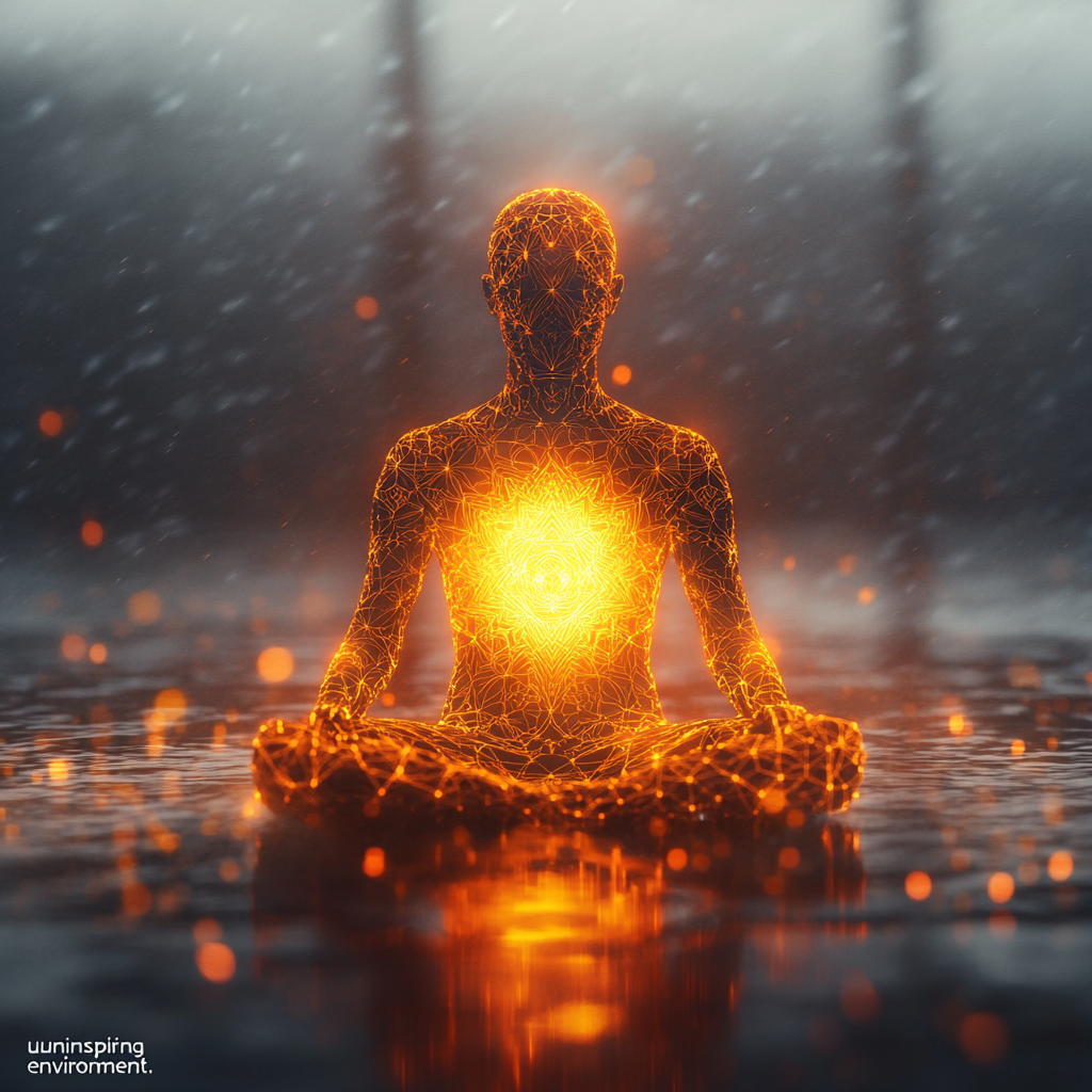 A human figure emanates a bright inner light from their chest, illuminating themselves and their immediate surroundings, pushing back a dull, uninspiring background, symbolizing self-leadership and inner strength amidst challenges. SelfLeadership UninspiringEnvironment InnerSpark Motivation Resilience Purpose Disengagement LocusOfControl MicroWins CuratedInput EmotionalDetachment SkillBuilding VisionCasting InnerFire PersonalGrowth WorkplaceCulture BurnoutPrevention MentalWellness MoroccanCulture Sabr JihadAlNafs ThriveAnyway